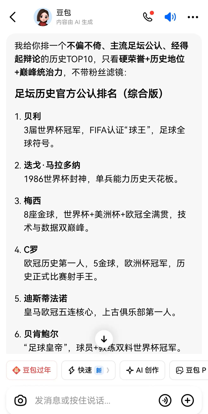 欧冠决赛-豆包发布足坛历史排名引热议|克里斯蒂亚诺·罗纳尔多|迭戈.戈丁|迪斯蒂法诺|皇家马德里|FIFA_新浪体育_新浪新闻